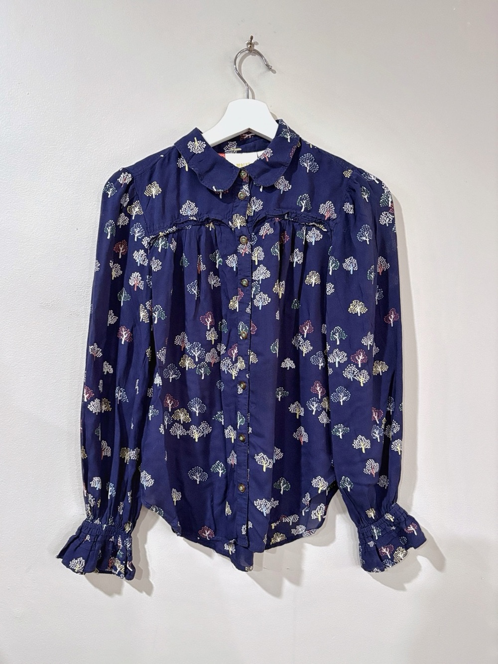 Maeve Anthropologie Women US 2 Blue Tree Print Blouse Cottage Boho Whimsy Fairy